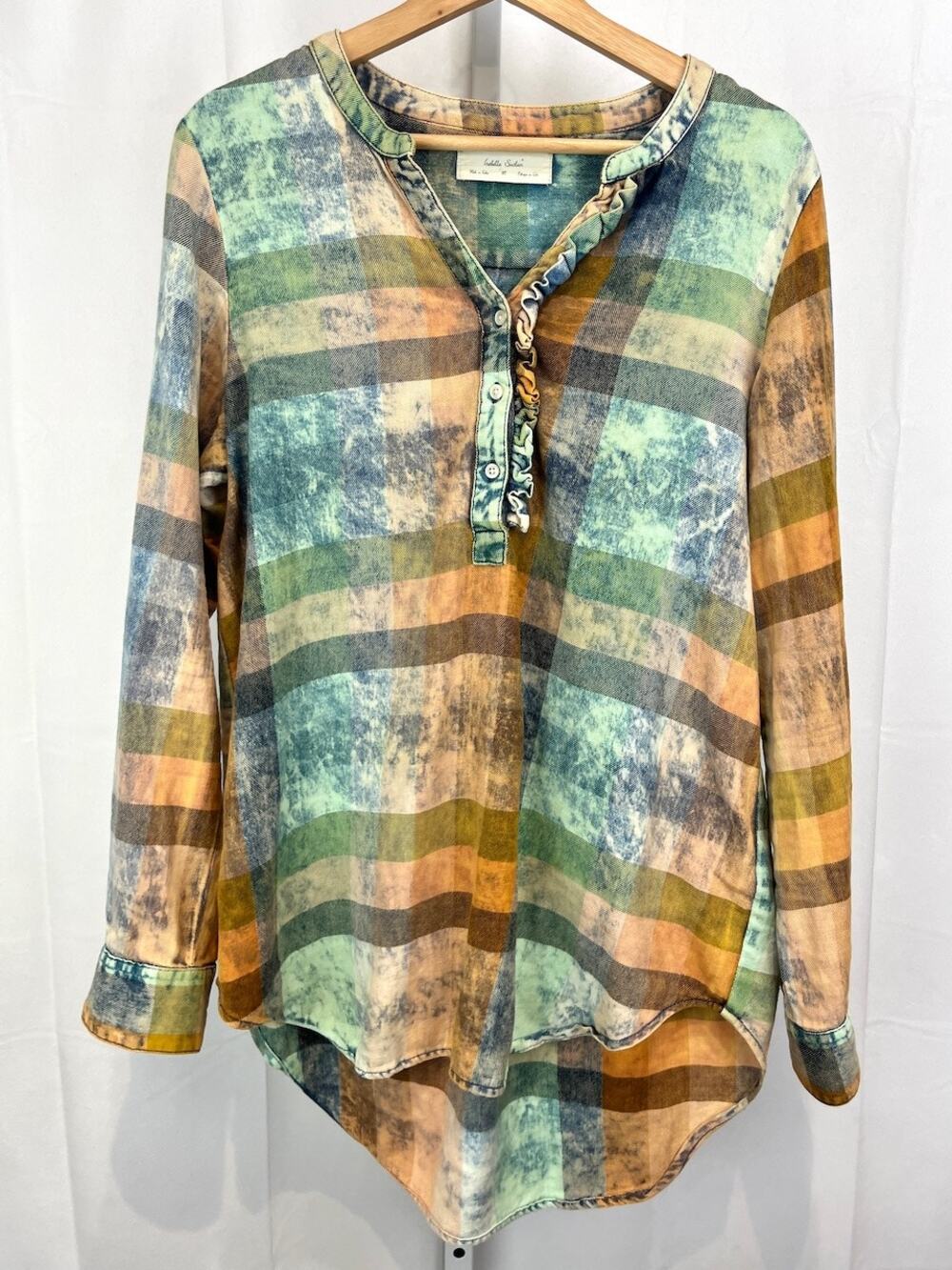ISABELLA SINCLAIR Size M Anthropologie Ruffled Plaid Henley Top Tunic Multicolor